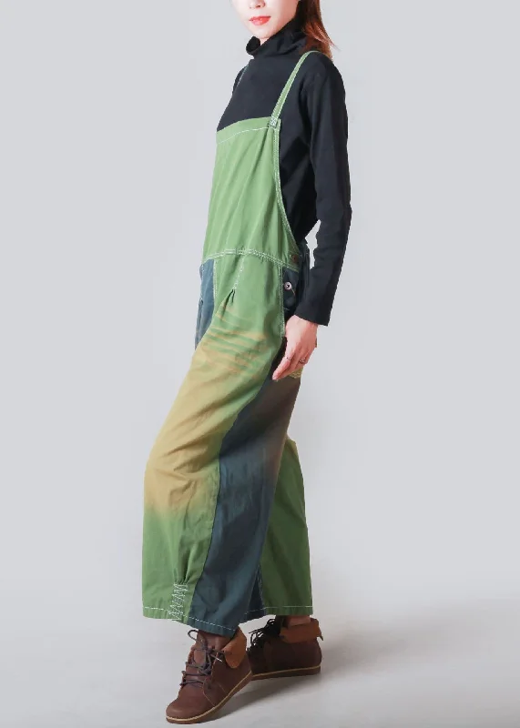 French Green Patchwork Wrinkled Loose Denim Jumpsuit Summer