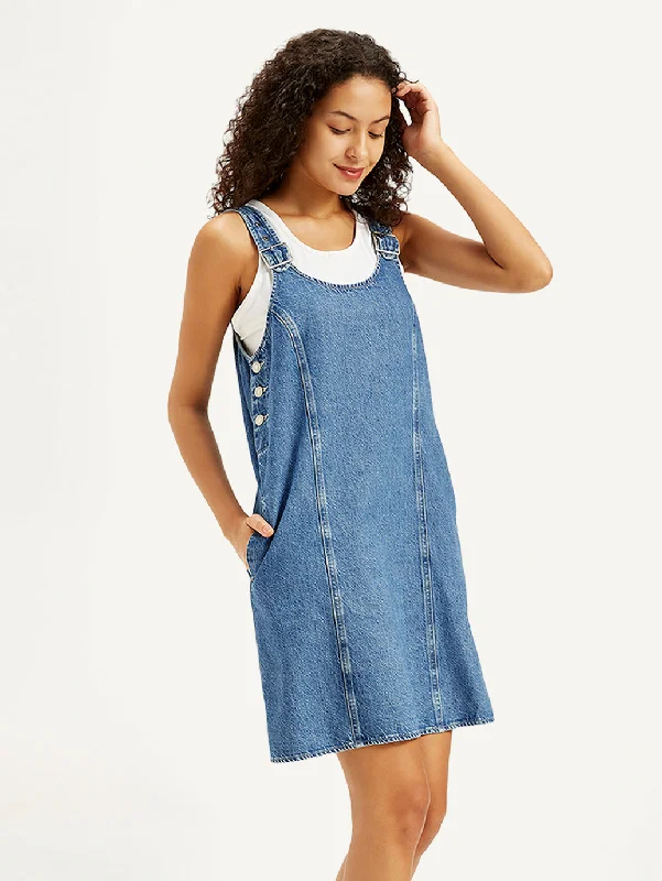 Women's Solid Blue Scoop Neck Denim Dress