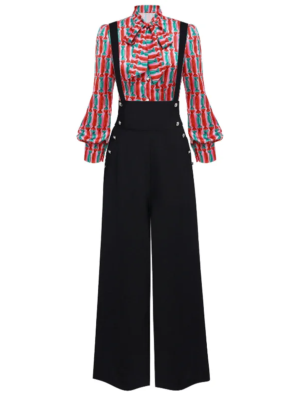 2PCS 1950s Candy Tie-Up Blouse & Black Suspender Pants