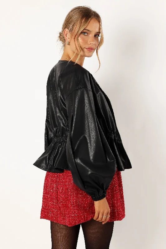 Ivanna Faux Leather Puff Sleeve Jacket - Black