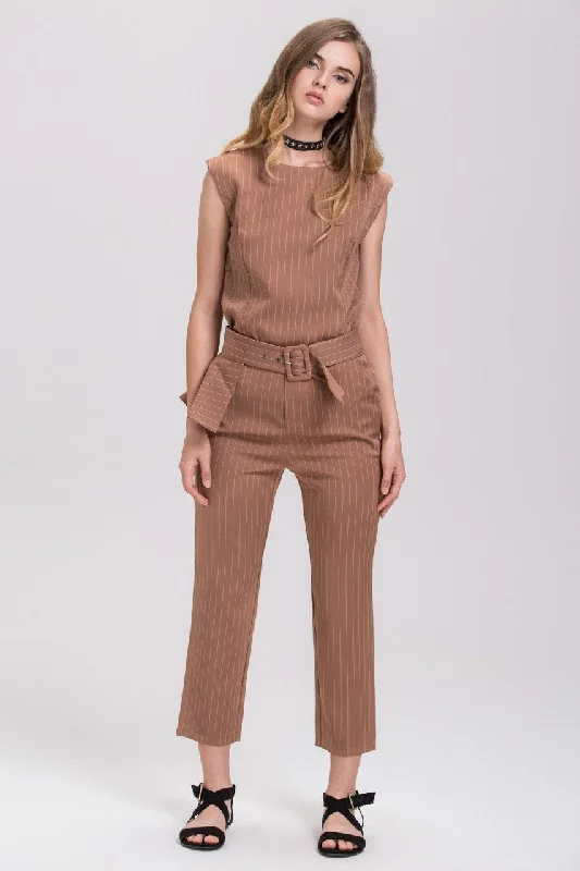 Mocha Pin Stripe Sleeveless Pantsuit Set