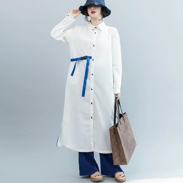 New white cotton dresses oversized Turn-down Collar side open traveling dress vintage long sleeve tie waist cotton dressesbaggy nude natural linen dress