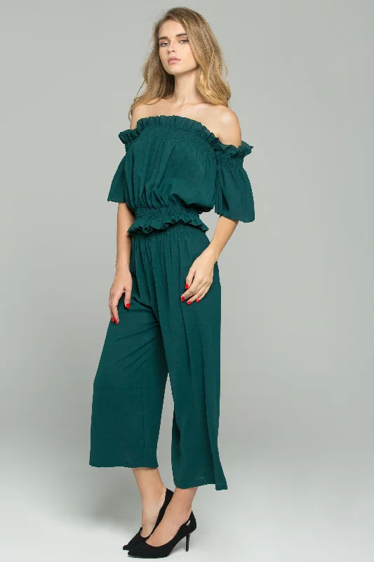 Olive Green Chiffon Off-The-Shoulder Ruched Pleat Co-ord