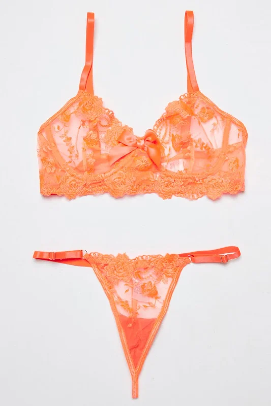 Orange Embroidery Lingerie Set