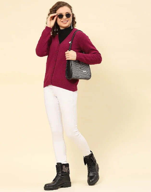 Women Maroon Solid V Neck Full Sleeve Cardigan